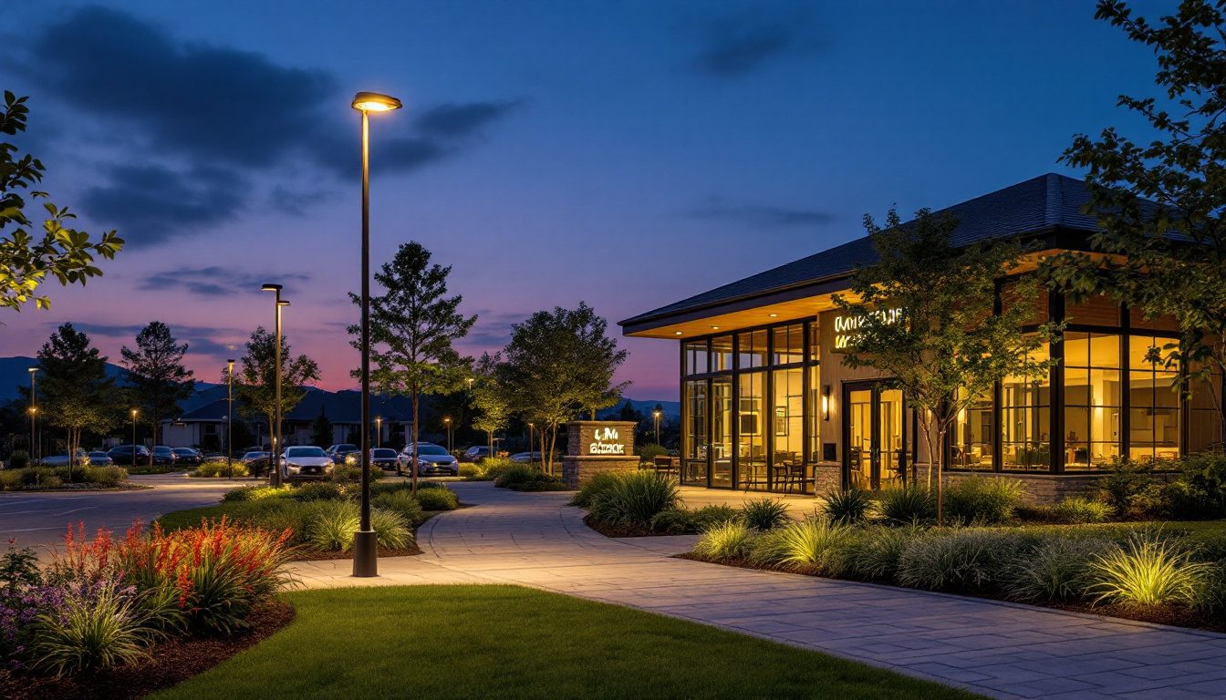 A photograph of a well-lit commercial outdoor space at dusk