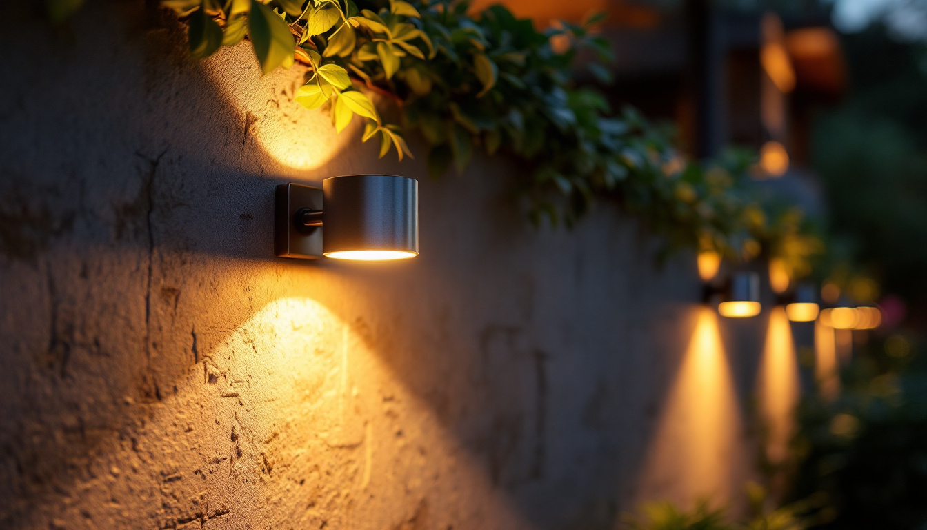 A photograph of a beautifully illuminated outdoor space featuring solar wall lights installed on a home or garden wall