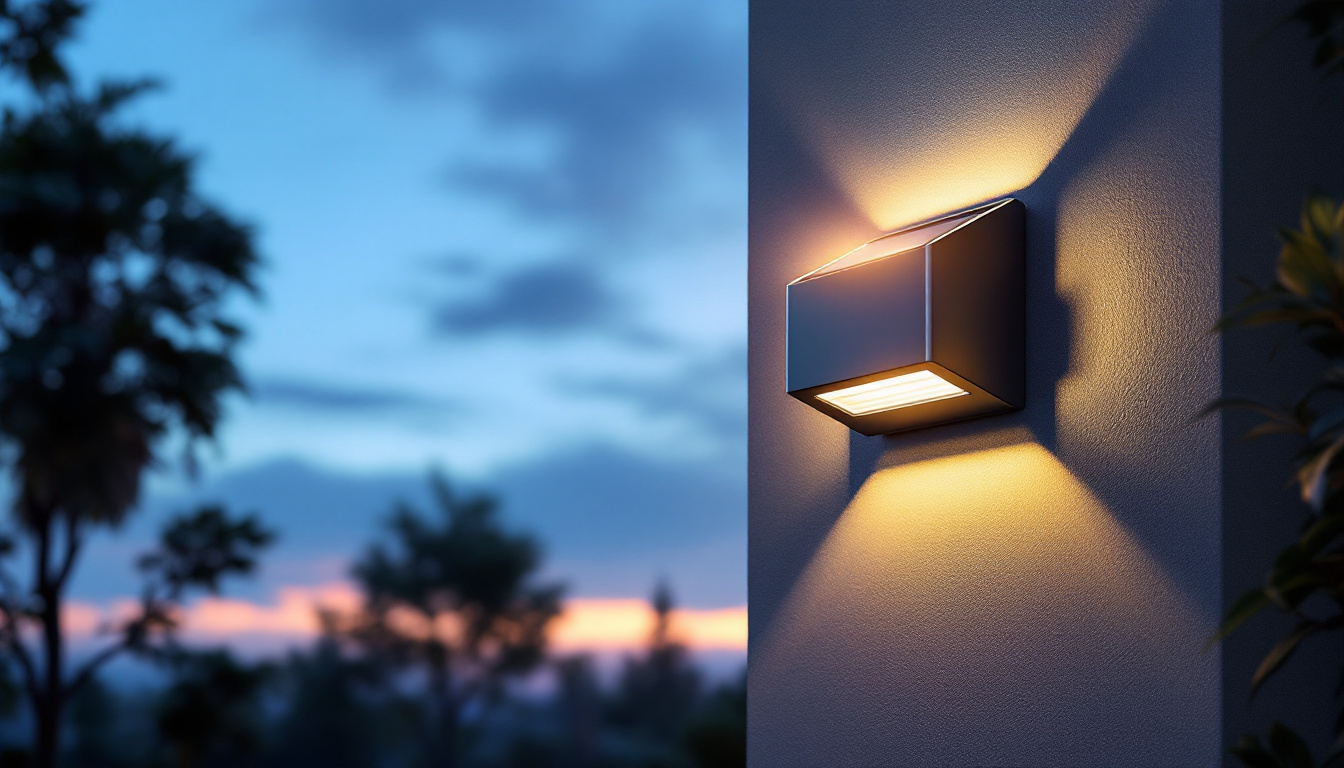 A photograph of a modern solar-powered outdoor wall light installed in a beautifully landscaped setting during twilight