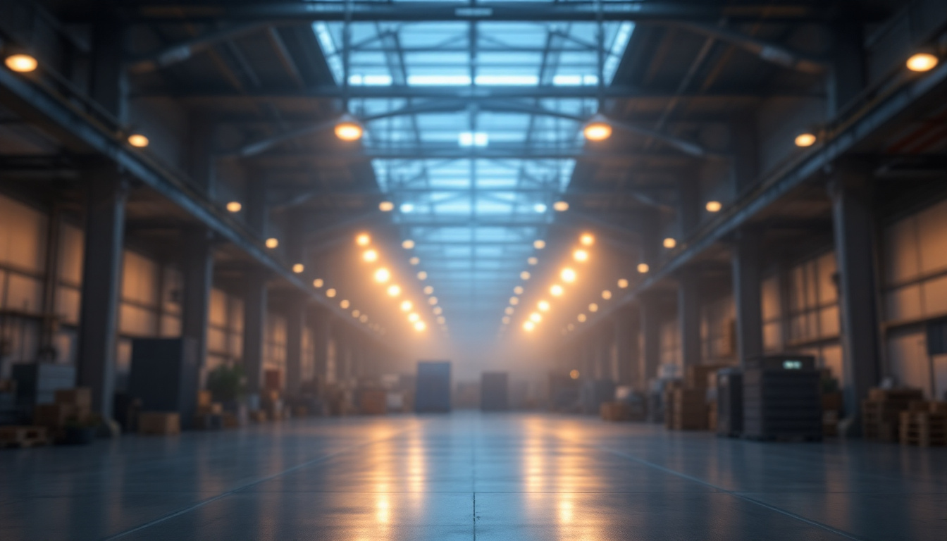 A photograph of a well-lit industrial or commercial space showcasing ufo led high bay lights in action