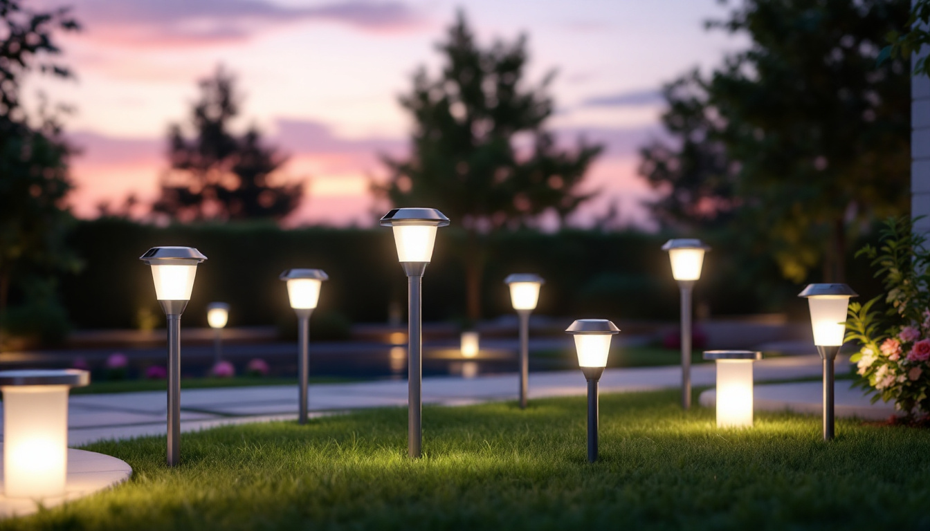 A photograph of a beautifully illuminated outdoor space featuring a variety of solar post lights