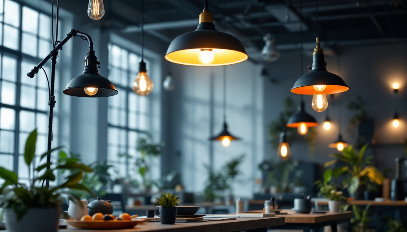 A photograph of a well-lit industrial workspace featuring a variety of modern industrial light fixtures in use