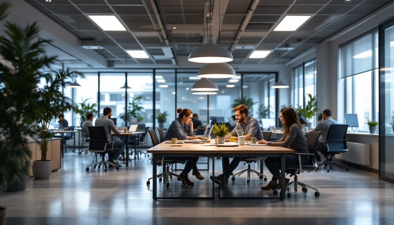 A photograph of a well-lit modern office space featuring employees engaged in their work