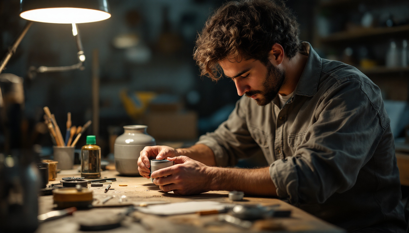 A photograph of a focused individual carefully assembling or inspecting a receptacle